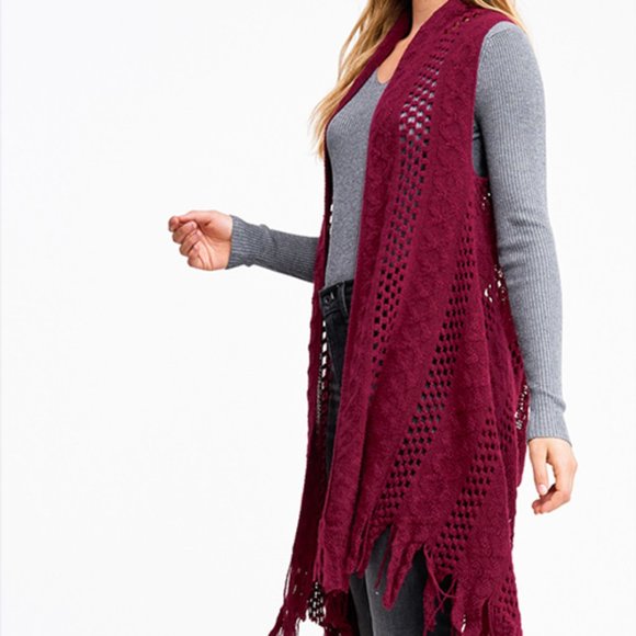 Burgundy Red Crochet Knit Boho Open Front Cardigan - Picture 5 of 7
